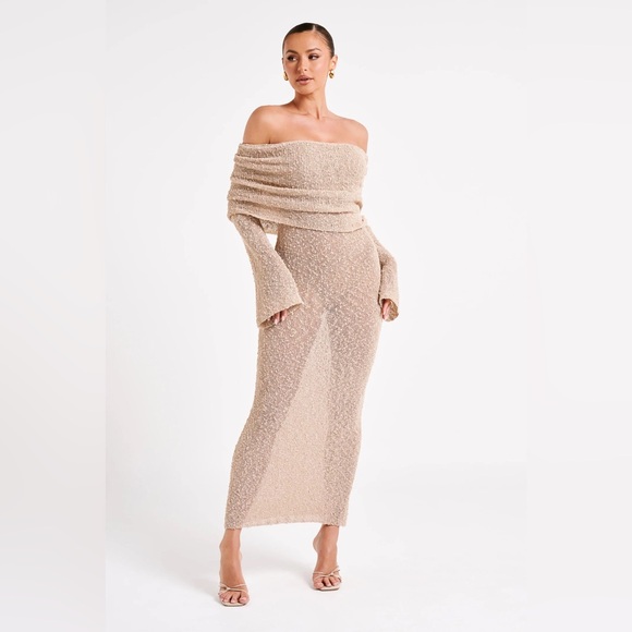 MESHKI Marisol Boucle Off-Shoulder Dress, Wheat - Picture 9 of 13